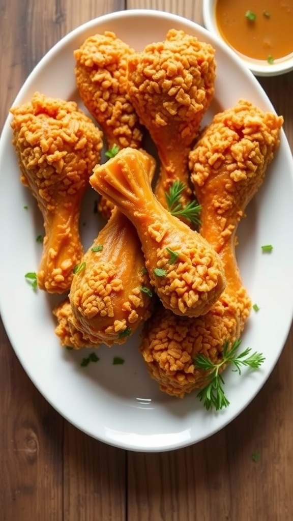 Crispy Rice Krispy turkey drumsticks on a plate with herbs and dipping sauce.